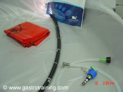 The blue AW channel cleaning adapter, flushing catheter, enzymatic detergent ( First step)